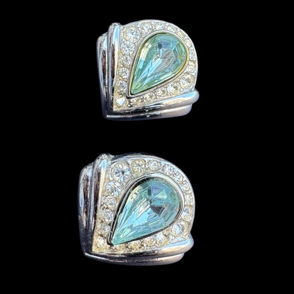 Vintage Pierced Earrings Silver Tone Light Blue and Clear Stones